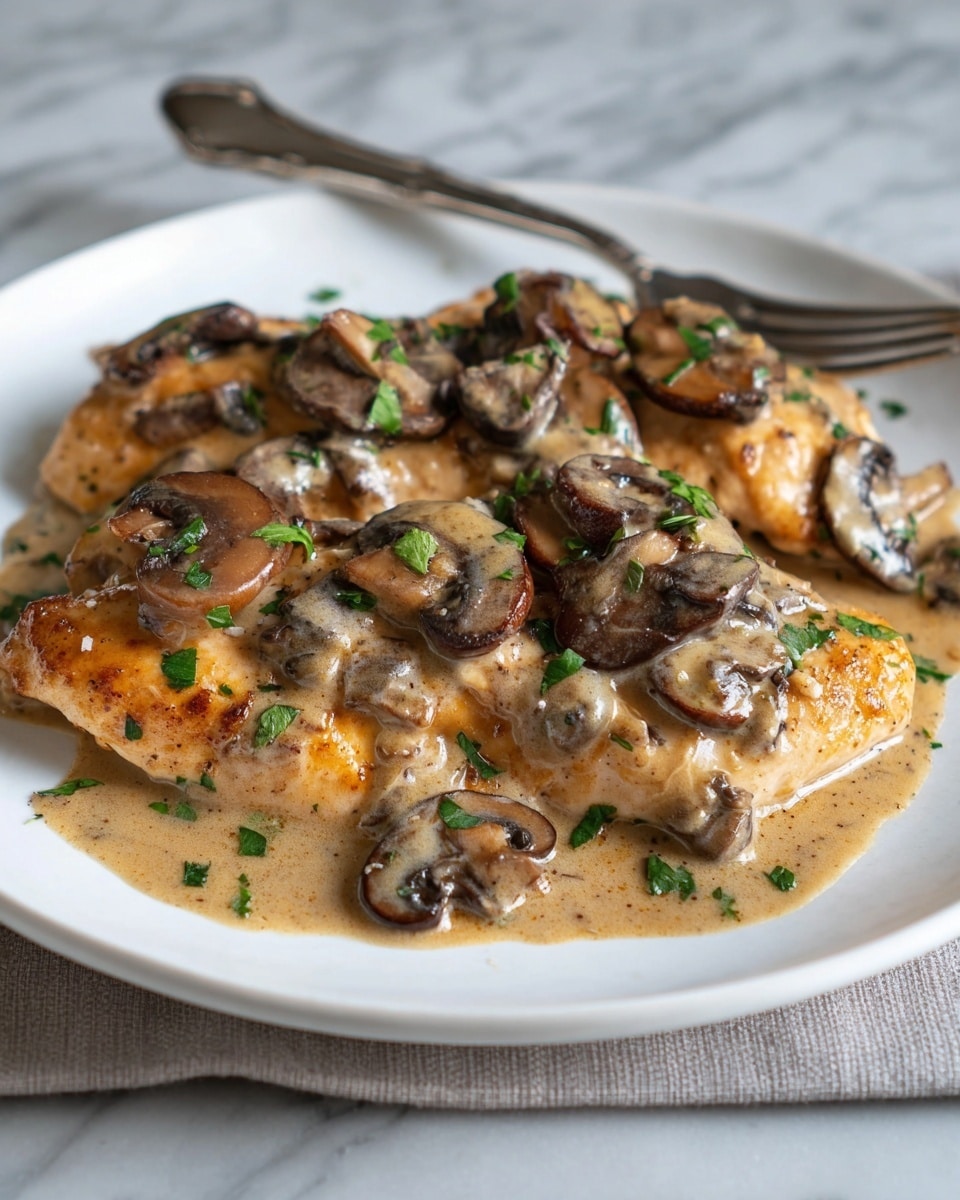 A black cast iron pan holds four golden brown chicken breasts, each topped with several thin, light brown mushroom slices. The pan is filled with more mushroom slices and a light brown sauce with small bits of parsley scattered on top. Fresh green parsley is placed around the edge of the pan for decoration. The pan sits on a white marbled surface with a white cloth that has small black stripes underneath the pan's handle. Photo taken with an iphone --ar 4:5 --v 7