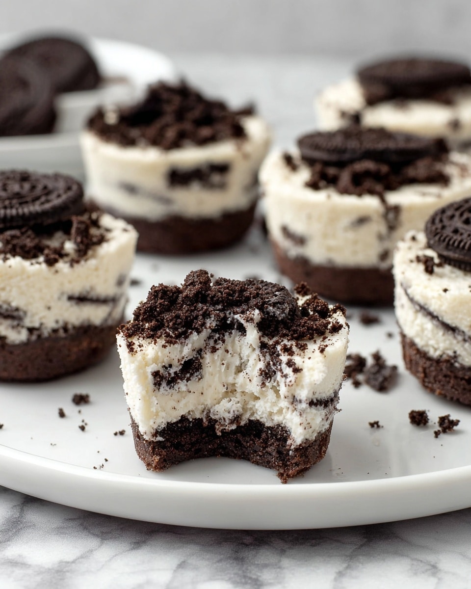 A close-up of a small dessert with three layers: the bottom layer is a dark brown crumbly cookie crust, the middle layer is a creamy white cheesecake mixed with small dark cookie crumbs, and the top layer is a swirl of white whipped cream sprinkled with finely crushed dark cookie crumbs. A whole small dark cookie is placed upright on the whipped cream at the center. The dessert is on a white marbled surface, with a blurred white bowl full of similar dark cookies and parts of other desserts in the background. Photo taken with an iphone --ar 4:5 --v 7