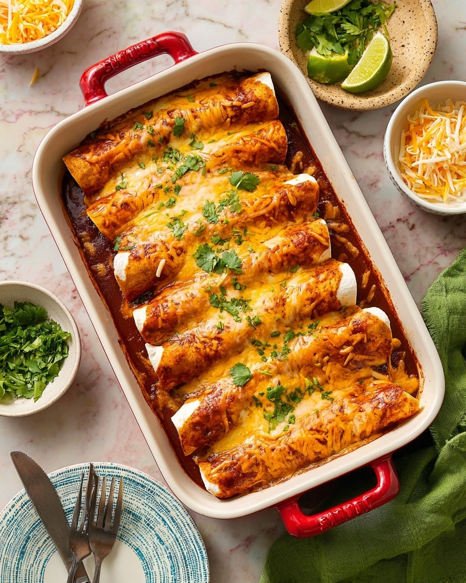 Two enchiladas are placed side by side on a white plate with blue stripes, each covered in a glossy orange-red sauce topped with melted cheese and sprinkled with green chopped herbs. One enchilada is slightly open at the front, showing shredded chicken inside, soft in texture and light brown in color. Fresh green cilantro leaves rest on top of and around the enchiladas, and a wedge of lime with a bright green peel and pale green flesh sits near the back of the plate. In the background, there is a blurred bowl with yellow corn and melted cheese. The plate sits on a white marbled surface, and a silver fork touches the open enchilada at the front. Photo taken with an iphone --ar 4:5 --v 7