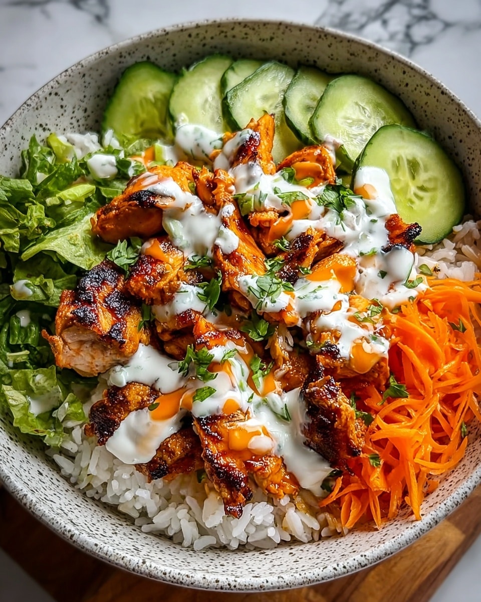 A bowl with a base layer of white rice fills the bottom, topped with grilled pieces of orange-brown chicken covered with white sauce and some orange sauce drizzled on top. Around the chicken, there are three sections: green leafy lettuce on the left, green cucumber slices at the top, and shredded orange carrots on the right. The bowl is white with a speckled texture, and the background is a white marbled surface. photo taken with an iphone --ar 4:5 --v 7