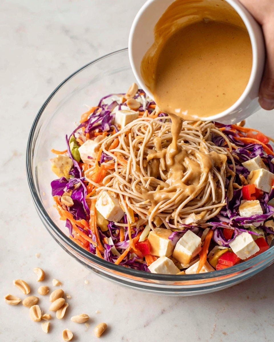 Two bowls of noodles are on a white marbled surface, each filled with light brown noodles mixed with red bell pepper pieces, purple cabbage strips, small white tofu cubes, thin orange carrot strips, and chopped green onions. The top is sprinkled with chopped peanuts and green herbs, with one bowl garnished with lime slices on the side. Nearby is a small white bowl filled with smooth light brown peanut sauce with a spoon inside, a small white dish of sesame seeds, lime wedges, scattered peanuts, and green herb leaves. Two gold forks lie next to the bottom bowl. photo taken with an iphone --ar 4:5 --v 7