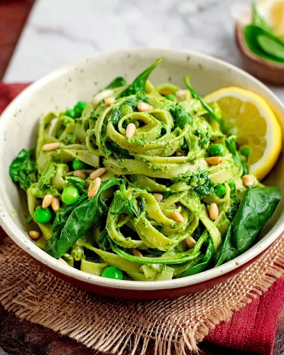 A white bowl filled with three swirled nests of green pesto-coated fettuccine pasta, mixed with bright green peas and spinach leaves scattered throughout. Lightly toasted pine nuts are sprinkled on top, adding texture and a soft golden brown color. A small wedge of lemon sits on the side of the pasta for garnish. The bowl rests on a piece of brown burlap, placed on a white marbled surface. Photo taken with an iphone --ar 4:5 --v 7