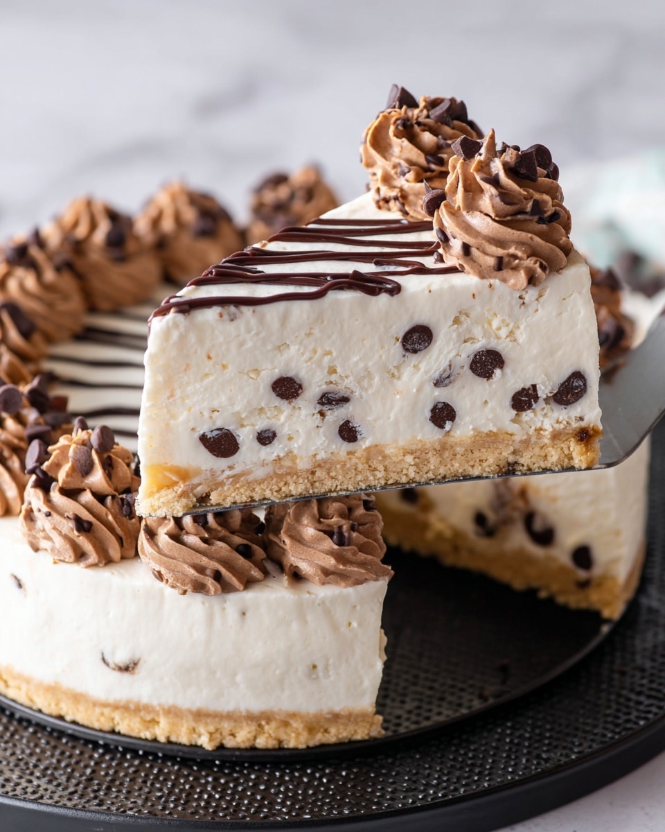 The image shows a close-up of a slice of creamy white cheesecake with small dark chocolate chips mixed inside. The cheesecake has a light golden crumb crust at the bottom. On top, there are neat swirls of light brown chocolate cream along the back edge, with thin dark chocolate drizzle lines across the smooth top surface. The slice is placed on a white plate with a gold fork holding a bitten part of the cheesecake on the left side. The background features a white marbled texture. photo taken with an iphone --ar 4:5 --v 7