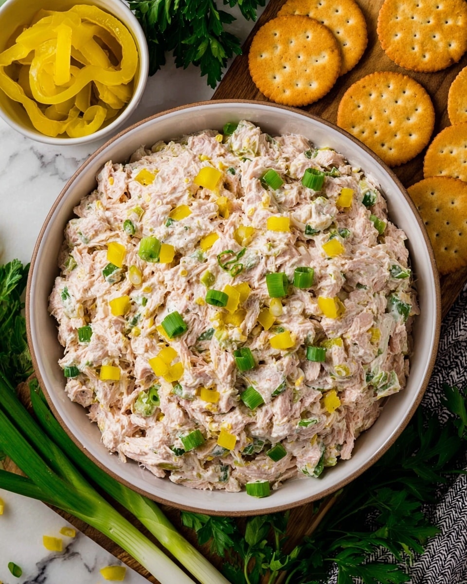 A white oval baking dish filled with a chunky tuna salad mix that has a creamy beige base, scattered with bright green chopped celery and spring onions, and small pieces of yellow pepper. The texture looks soft with visible bits of tuna and fresh herbs mixed in. The dish is placed on a brown wooden surface with some green leaves blurred in the background. photo taken with an iphone --ar 4:5 --v 7
