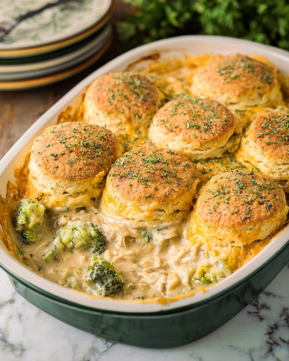 A white baking dish with a green rim holds six golden brown biscuits on top, each sprinkled with small green herbs. Below the biscuits is a creamy layer of chicken and broccoli in a thick sauce, showing soft textures and a mix of light yellow and green colors from the broccoli pieces. One biscuit is partially removed, revealing the creamy, chunky filling beneath. The dish sits on a white marbled surface with blurred green leaves and plates in the background. photo taken with an iphone --ar 4:5 --v 7