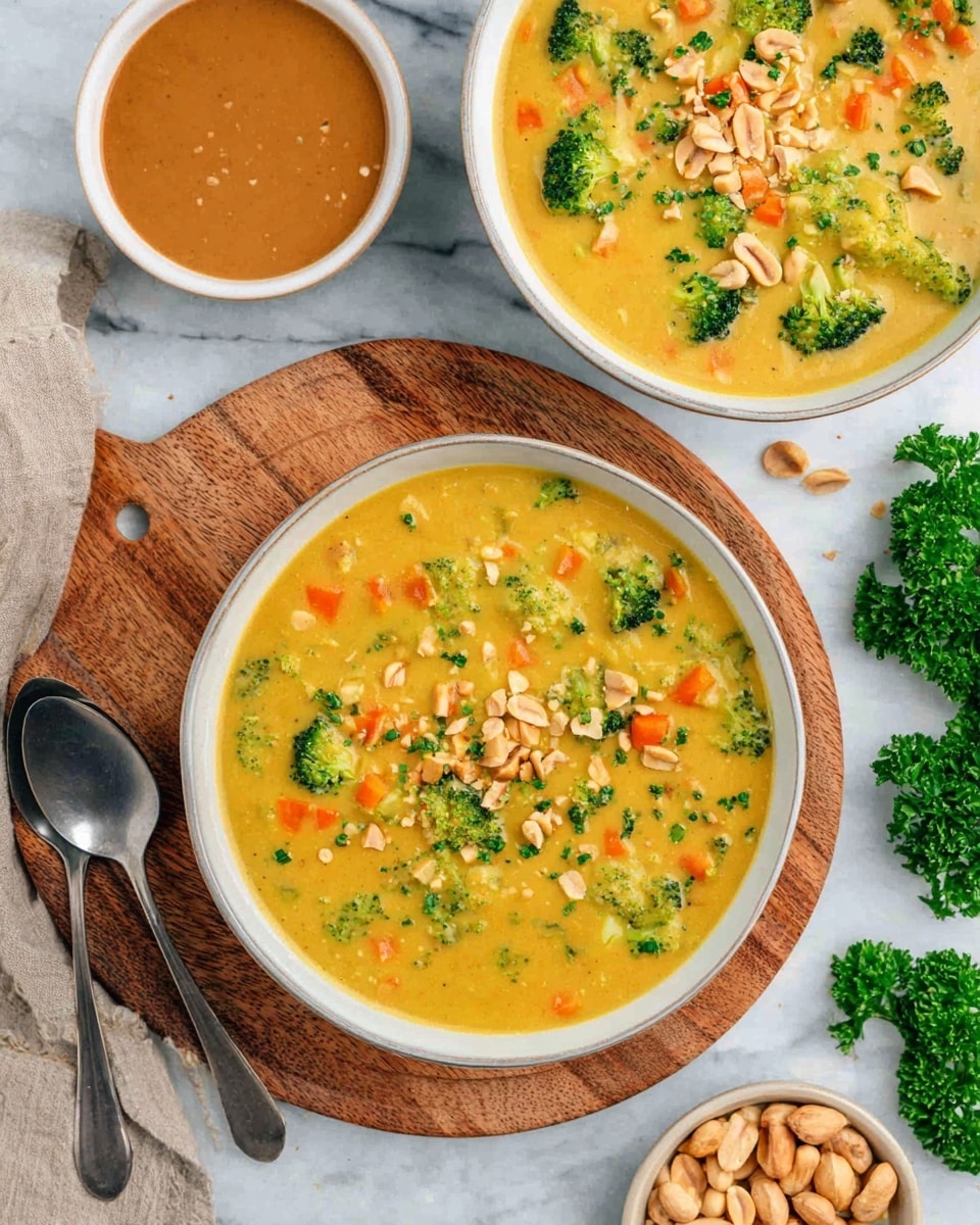A white bowl filled with a thick, yellow-orange soup that has visible pieces of green broccoli and orange carrots mixed throughout. The soup is topped with roughly chopped light beige peanuts and small green parsley leaves scattered on the surface. In the blurred background, another white bowl with the same soup is visible along with a small wooden bowl containing red chili flakes and some fresh parsley, all set on a white marbled tabletop. photo taken with an iphone --ar 4:5 --v 7