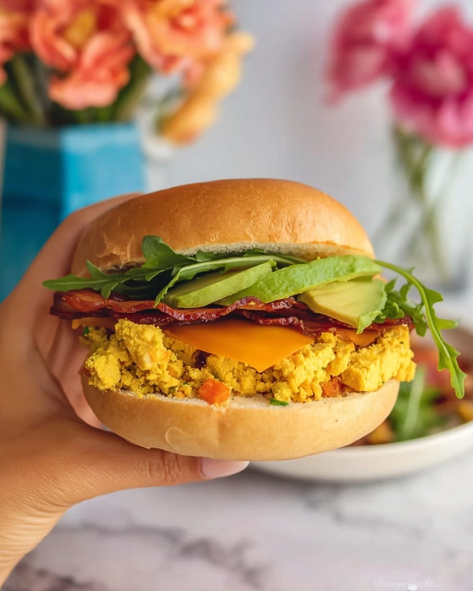 A sandwich held by a woman's hand shows a soft, round, golden-brown bagel as the top and bottom layers. Inside, the first layer is a crumbly, yellow tofu scramble mixed with small pieces of orange vegetables at the bottom. Above this is a smooth slice of melted cheddar cheese in a rich orange color. Next, there are thin strips of crispy, reddish-brown bacon alongside bright green avocado slices and fresh green leafy arugula on top before the top bagel layer. The background is a white marbled texture with blurred pink and orange flowers in a blue vase and a white plate underneath the sandwich photo taken with an iphone --ar 4:5 --v 7
