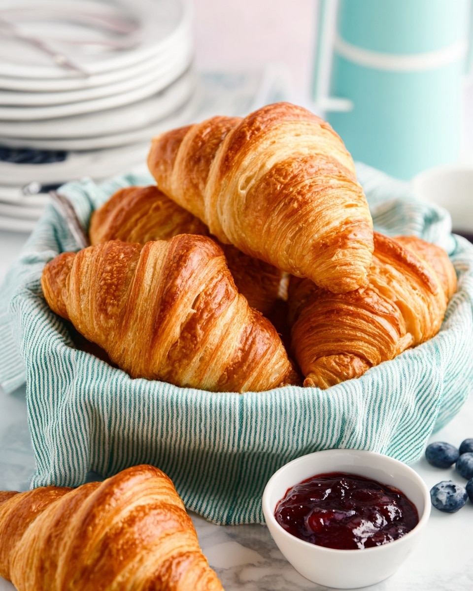 A white plate with a golden brown croissant torn open, showing a smooth layer of pale yellow butter topped with a thick red jam spread; next to the croissant is a small glass bowl filled with dark purple jam and a few fresh blueberries, all set on a white marbled surface with a soft pink cloth nearby. photo taken with an iphone --ar 4:5 --v 7