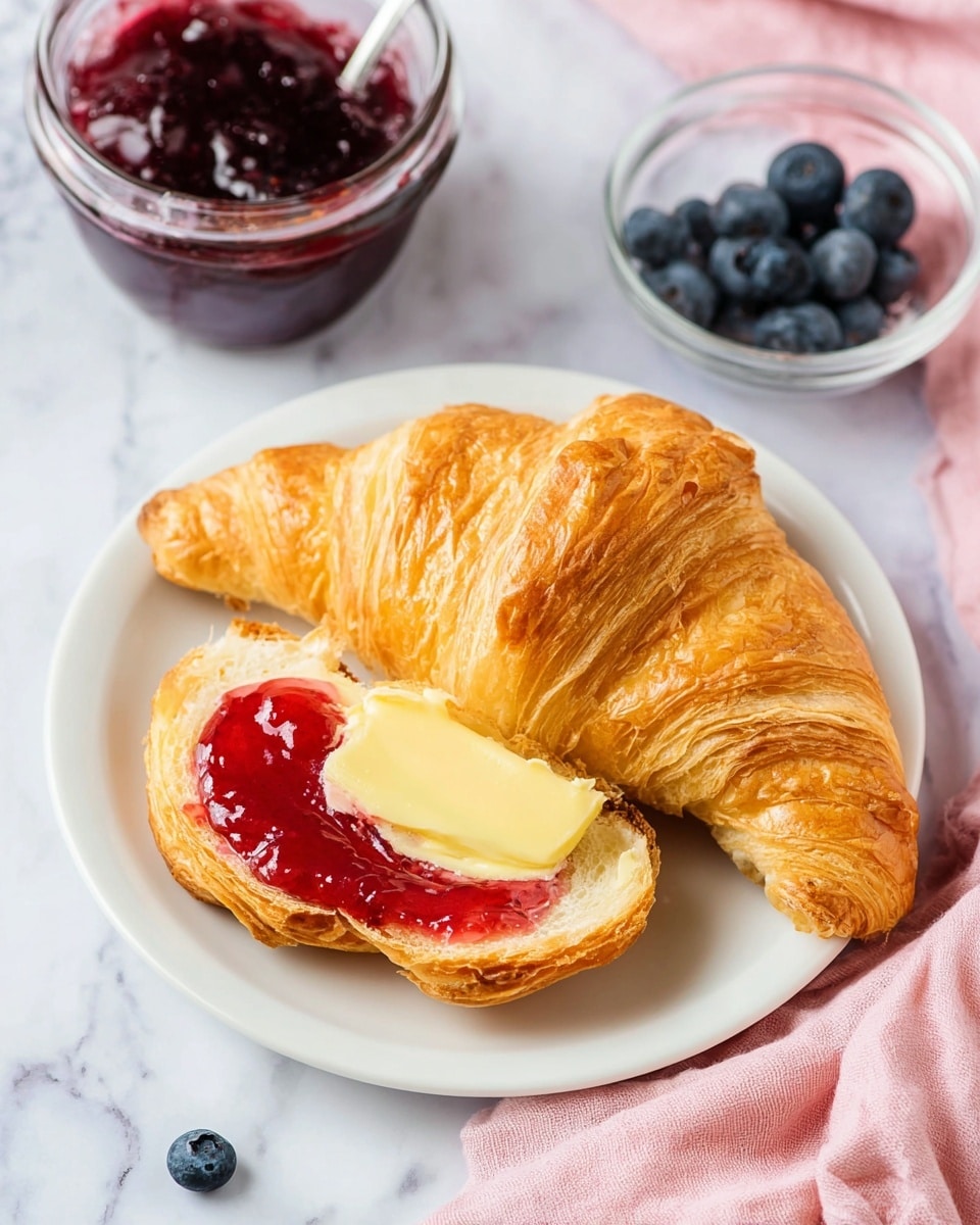 The image shows a basket lined with a green and white striped cloth holding four golden-brown croissants with a flaky texture and multiple visible layers. The croissants have a shiny surface and are arranged close together, filling the basket. In the foreground, there is a white bowl filled with dark red jam that looks smooth and thick. Part of another croissant is visible next to the bowl on a white marbled surface. In the background, there are stacked white plates and a tall container with a soft blue color, along with some scattered blueberries adding a dark blue contrast. Photo taken with an iphone --ar 4:5 --v 7
