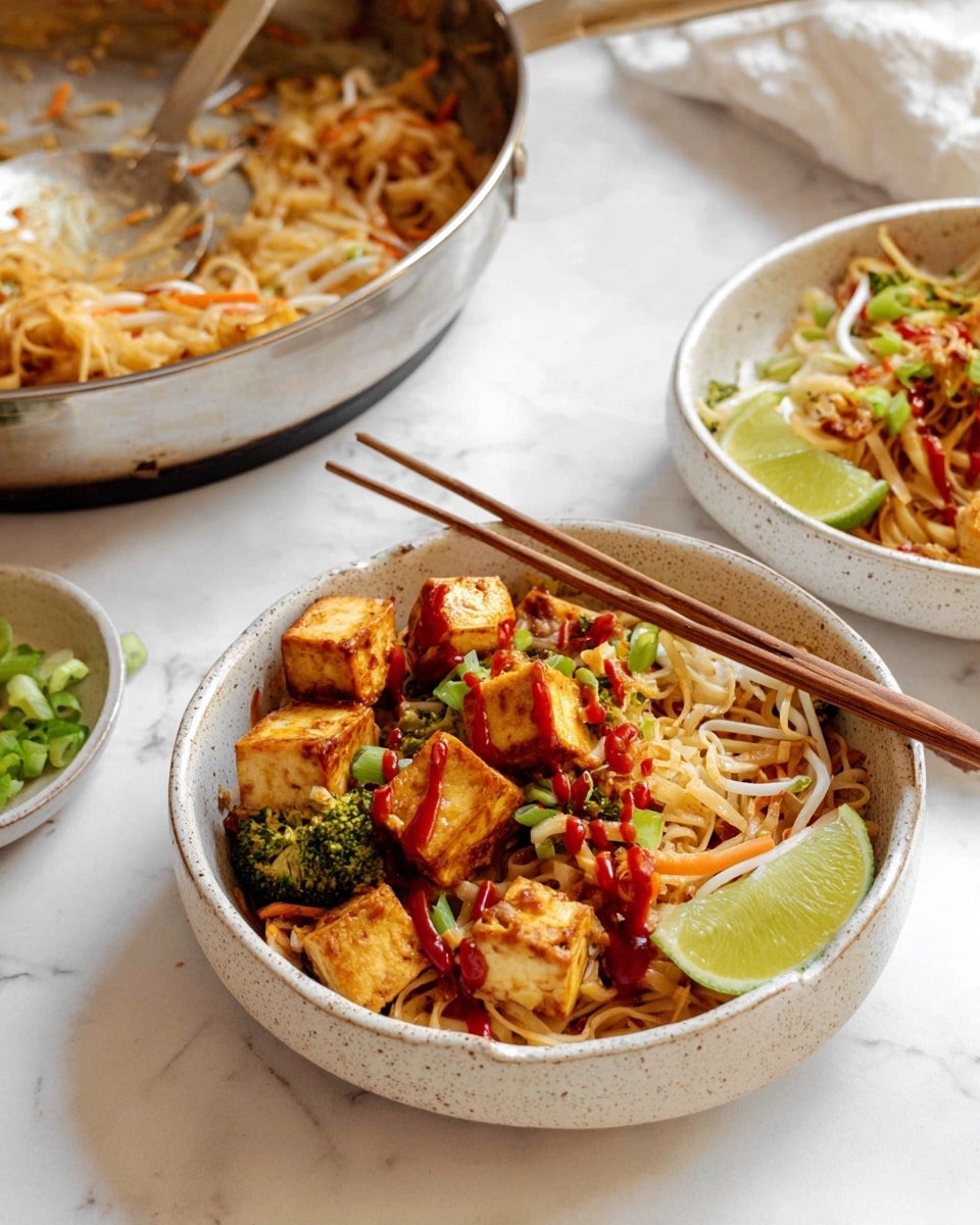 A bowl of white noodles topped with pieces of golden fried tofu drizzled in red sauce, scattered green onion slices, and white bean sprouts. Mixed in the noodles are thin carrot strips and small green broccoli florets, giving a mix of light orange and green colors. Two wooden chopsticks rest inside the bowl on the right side. On the left edge of the bowl, two lime wedges add a fresh green touch. The bowl is white with brown speckles and a brown rim, sitting on a white marbled surface with small scattered chopped nuts around. photo taken with an iphone --ar 4:5 --v 7