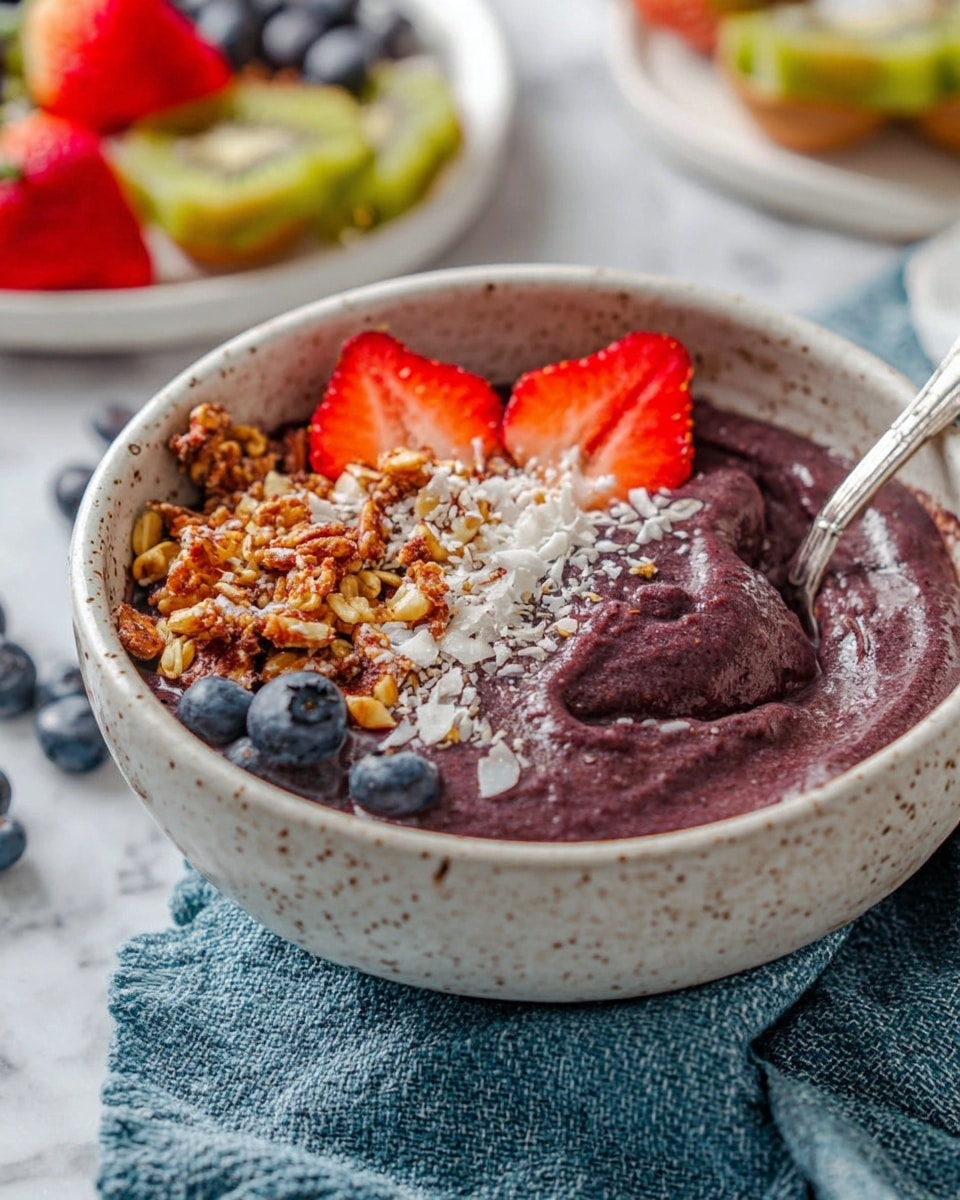 A white speckled bowl filled with a thick, dark purple smoothie base spread mostly on the right side with a creamy, slightly rough texture. On top of the left side of the bowl, there are three whole bright red strawberries, some light brown granola pieces with nuts, small white shredded coconut flakes, and tiny light gray chia seeds. Near the bottom left edge of the bowl, there are three small round blueberries with a deep blue color. A silver spoon is partially dipped into the smoothie on the right side. The bowl sits on a blue textured cloth placed on a white marbled surface, and in the softly blurred background, there is a white plate with a few more strawberries, blueberries, and a sliced green kiwi. photo taken with an iphone --ar 4:5 --v 7