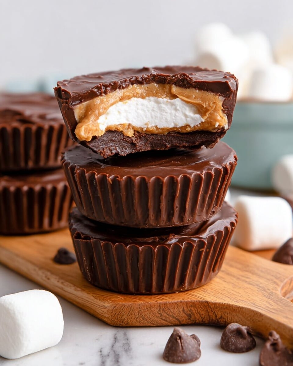 The image shows a stack of three chocolate peanut butter cups placed on a wooden board over a white marbled surface. Each peanut butter cup has a thick dark brown chocolate layer on the top and bottom with a smooth, creamy light brown peanut butter layer in the middle. The top peanut butter cup is cut in half, revealing an additional middle layer of white, fluffy marshmallow cream between the peanut butter and the top chocolate layer. The chocolate has a slightly glossy and smooth texture, while the peanut butter looks soft and creamy. Around the stacked cups, there are a few chocolate chips and a small white marshmallow, with a white bowl blurred out in the background. photo taken with an iphone --ar 4:5 --v 7