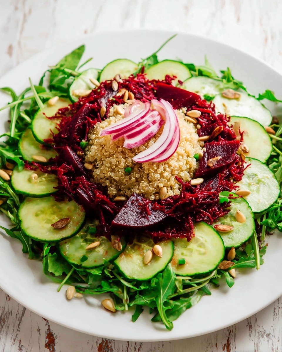 A white plate holds a layered salad starting with a base of bright green arugula leaves spread all over the plate. On top of the arugula is a thick ring of dark red shredded beets forming a large circle. Inside the beet ring lies a layer of evenly sliced light green cucumbers arranged in a circle. In the center of the plate, there is a mound of light golden quinoa topped with a few curved slices of purple-red onion. Scattered on top of the beets and quinoa are small sunflower seeds adding texture. The plate sits on a white marbled surface. photo taken with an iphone --ar 4:5 --v 7