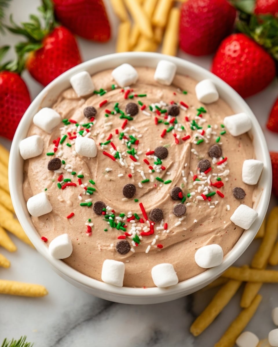 A white bowl filled with thick, light brown chocolate dip that has a creamy texture. The dip is topped with small white mini marshmallows, tiny dark chocolate chips scattered around, and colorful sprinkles in red, green, and white spread evenly on top. A golden waffle cookie is dipped into the creamy mixture with a woman's hand holding it at the top left corner of the bowl. Around the bowl on a white marbled surface are fresh red strawberries and some green pine leaves. Photo taken with an iphone --ar 4:5 --v 7