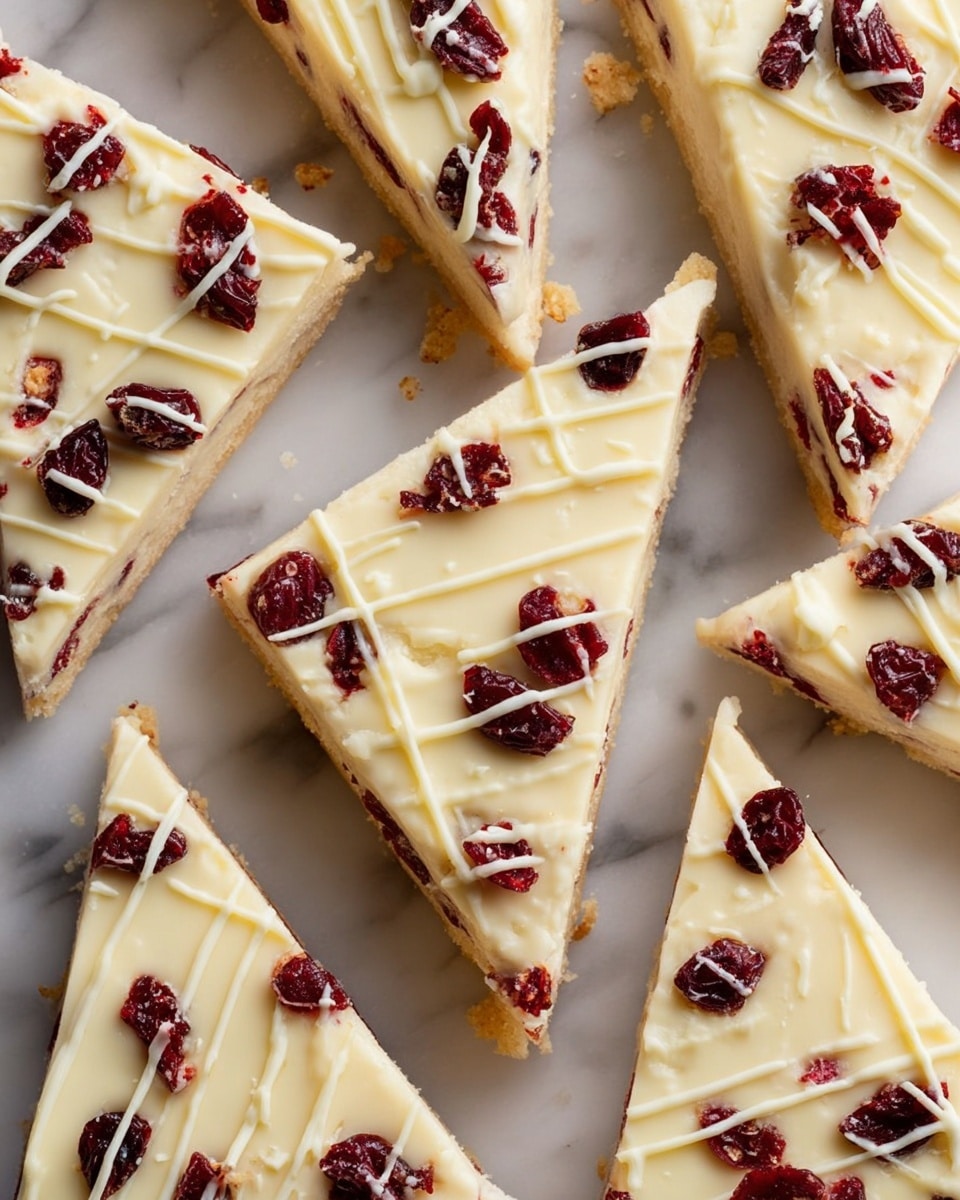 The image shows several triangular dessert bars arranged closely together on a white marbled surface. Each bar has two visible layers: a bottom layer that looks soft and light-colored, and a thick top layer of creamy white icing. The icing is decorated with small pieces of dark red dried fruit scattered evenly across the surface, and thin drizzles of white chocolate crisscrossing in a decorative pattern on top. The texture of the bars looks smooth with a slight shine on the icing, and crumbs are visible on some edges. photo taken with an iphone --ar 4:5 --v 7
