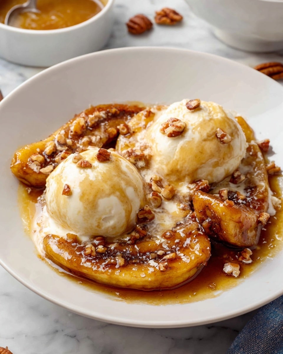 A white cast iron pan filled with a rich, golden-brown syrup sauce covering a layer of caramelized, sliced plantains arranged in a circular pattern, topped with two scoops of creamy white ice cream placed near the center, sprinkled with small pieces of chopped pecans that add a crunchy texture, and a drizzle of caramel sauce over the ice cream and plantains. A silver spoon is resting inside the pan on the left side, all set on a white marbled textured surface with a blue and white striped cloth partially visible beneath the pan. photo taken with an iphone --ar 4:5 --v 7