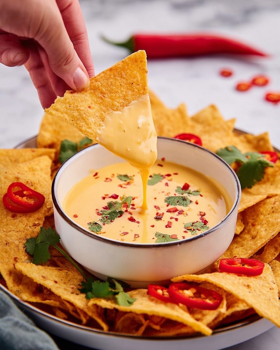 A woman’s hand is dipping a bright orange triangular tortilla chip partially covered in creamy, light yellow cheese sauce from a small white bowl placed in the center of a larger white bowl filled with many more tortilla chips. The chips are scattered around the cheese sauce and topped with thin red chili slices and fresh green cilantro leaves. The cheese sauce is smooth with some red chili flakes sprinkled on top. The bowls sit on a white marbled surface, and a long red chili pepper lies blurred in the background. photo taken with an iphone --ar 4:5 --v 7