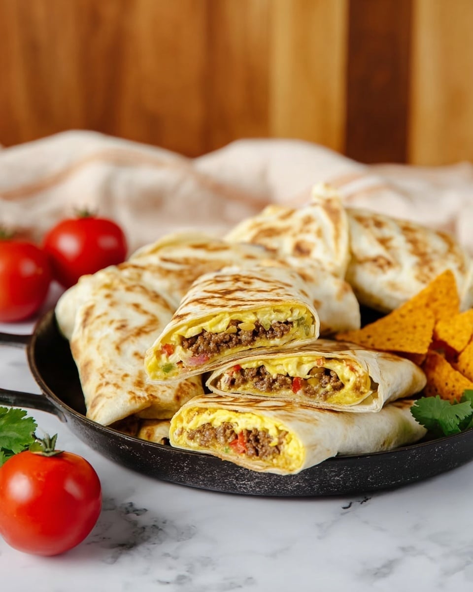 A black round pan holds several folded tortilla wraps with a light golden brown grill pattern. One wrap is cut in half and placed in the front, revealing layers inside: the outer soft white tortilla, a thin layer of melted yellow cheese, a beige scrambled egg layer, and a dark brown ground meat mixed with small pieces of green and red vegetables. The pan is placed on a white marbled surface with two whole red tomatoes, a bunch of green cilantro, and some orange-colored triangular chips on the side. The background shows a blurred white cloth and warm-toned wooden fence. Photo taken with an iphone --ar 4:5 --v 7