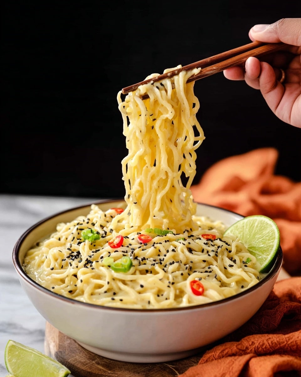 A white bowl filled with two main layers: the bottom layer is light brown broth with small bubbles, and on top is a thick layer of yellow curly noodles. Scattered on the noodles are light brown mushroom slices and bright red chili pieces. The noodles have some dried green herbs sprinkled over them. Two dark wooden chopsticks are placed inside the bowl, resting on the noodles. The bowl is set on a white marbled textured surface with a light gray fabric cloth partially visible underneath. Photo taken with an iphone --ar 4:5 --v 7