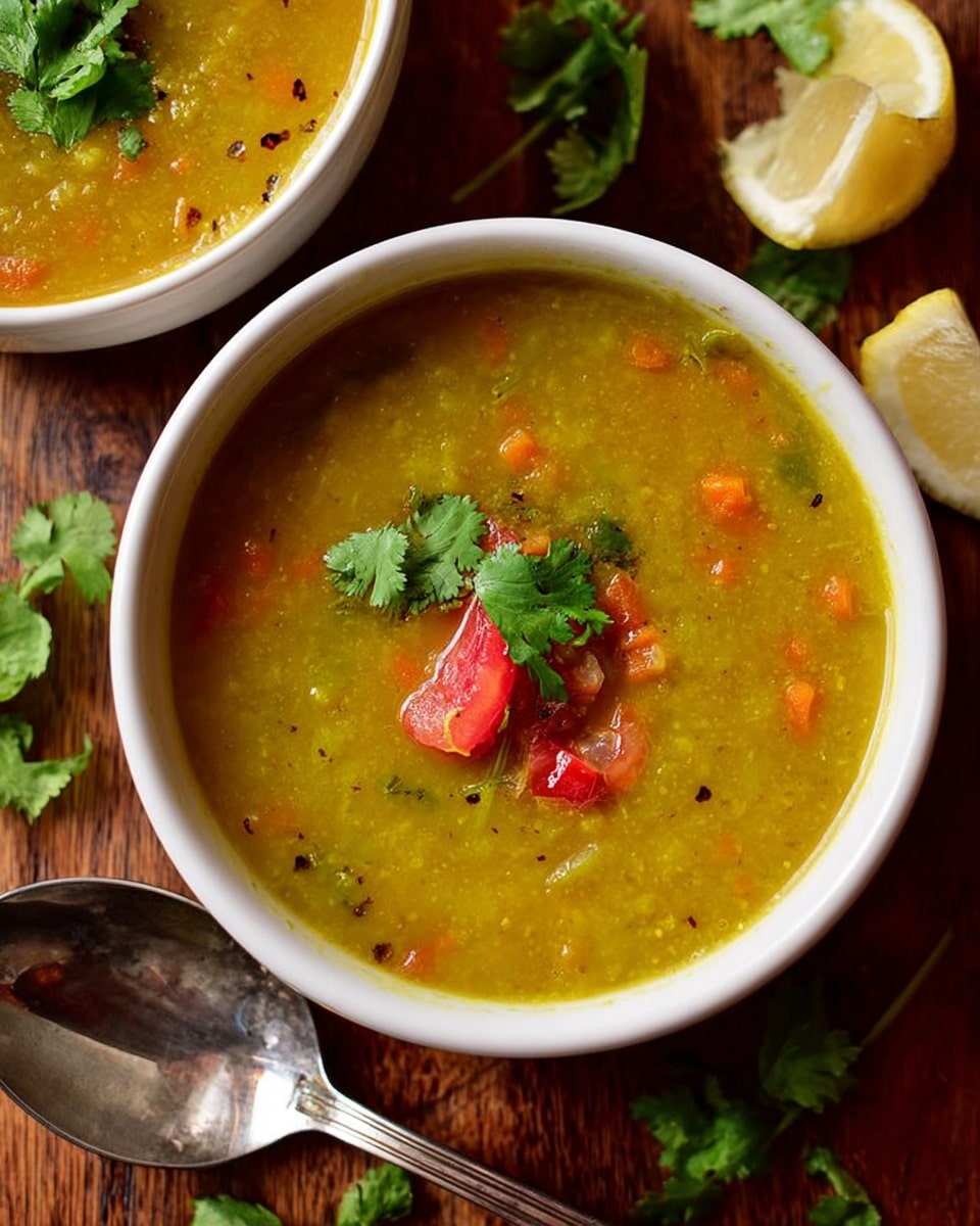 Two white bowls filled with thick yellow-green soup that has small pieces of orange and green vegetables inside. Each bowl is topped with fresh green cilantro leaves and small red tomato pieces placed in the center. Near the bowls, there are pieces of folded flatbread with light brown spots on top. To the right, a small white bowl holds a dark red sauce with a shiny texture. Two lemon wedges and a few sprigs of cilantro are placed next to the sauce bowl. Two shiny silver spoons lie between the bowls on a white marbled texture. photo taken with an iphone --ar 4:5 --v 7