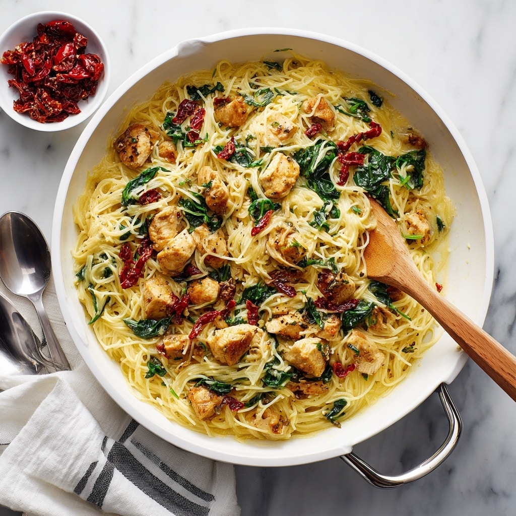 A white bowl filled with a layered pasta dish, featuring spaghetti noodles at the bottom, topped with chunks of browned chicken pieces with a light char, creamy yellow sauce coating the noodles and chicken, fresh dark green spinach leaves scattered on top, and red sun-dried tomato pieces adding bright pops of color throughout the dish, all placed on a white marbled surface with a portion of a blue and white cloth visible on the left side. Photo taken with an iphone --ar 4:5 --v 7