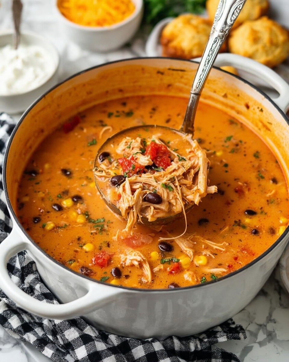 A thick, creamy orange soup is served in a deep white bowl with a blue rim. The soup has three visible layers: a base of smooth orange broth filled with shredded chicken and bright yellow corn kernels, mixed with red and black beans scattered on top. Floating on the surface are chunks of red bell pepper, adding vibrant color and texture. The soup is garnished with a dollop of white sour cream, a small bright green lime wedge on the side, and a fresh sprig of green cilantro placed on top. The bowl sits on a white marbled surface with some loose cilantro leaves and small pieces of shredded orange cheese around it. photo taken with an iphone --ar 4:5 --v 7