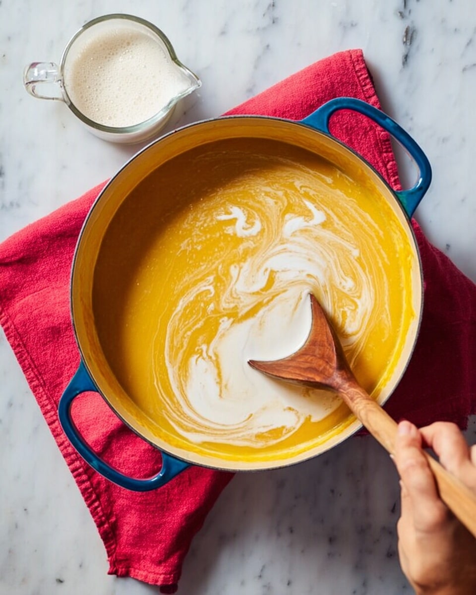 A white bowl filled with smooth, yellow pumpkin soup topped with a few scattered green pumpkin seeds. A spoon with a beige handle is placed inside the bowl, resting on the soup's surface. Behind the bowl, there is a white ramekin filled with crispy, light brown crackers. The scene is set on a wooden board placed on a white marbled surface, and a bright magenta cloth adds a splash of color in the blurred background. photo taken with an iphone --ar 4:5 --v 7