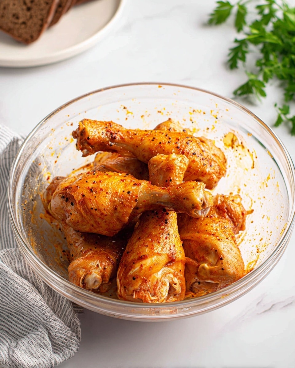 A clear glass bowl sits on a white marbled texture, filled with several raw chicken drumsticks coated in a reddish-orange sauce with visible specks of black pepper and seasoning. The drumsticks have a slightly shiny texture from the marinade, and the sauce clings unevenly to the skin. In the background on the left, a white plate holds a piece of dark brown bread, while fresh green parsley leaves peek in from the bottom right. A gray and white striped cloth is also partially visible in the lower left corner. photo taken with an iphone --ar 4:5 --v 7