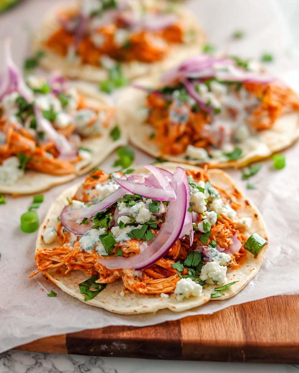 There are five small white tortillas laid out on crinkled white parchment paper on a wooden board, each topped with shredded orange chicken as the first layer. On top of the chicken, dollops of white creamy sauce are spread unevenly, followed by thin rings of light purple-red onion placed on each tortilla. Green chopped scallions and cilantro leaves are sprinkled over everything, adding a fresh green color. Small chunks of blue cheese are scattered on top, adding a textured look. Around the board, extra sliced onions and cilantro leaves are visible, and there is a white bowl with extra sauce in the corner. The photo is taken from above on a white marbled surface. photo taken with an iphone --ar 4:5 --v 7