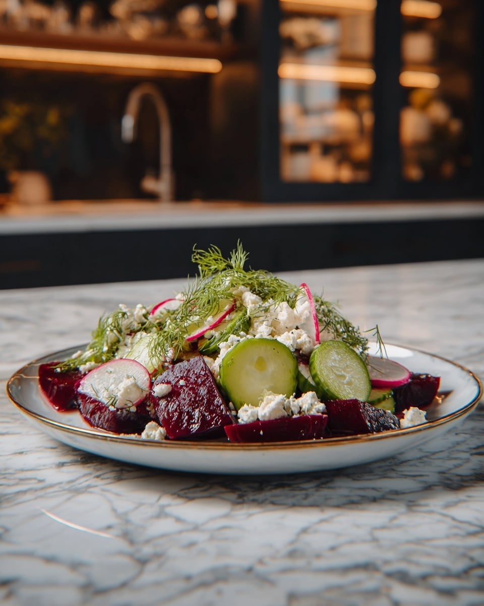 A white bowl filled with a fresh salad showing three main layers: the bottom layer has deep purple beet slices with a smooth texture, middle layer has bright green cucumber slices with a slightly glossy look, and thin strips of light purple red onions mixed in, and the top layer is sprinkled with soft, crumbly white cheese. There are dark green dill leaves spread throughout the salad, adding a touch of fine texture. A golden spoon rests inside the bowl on a white marbled surface. In the background, a blurred bottle and a white ribbed cup are visible, adding depth to the image. Photo taken with an iphone --ar 4:5 --v 7