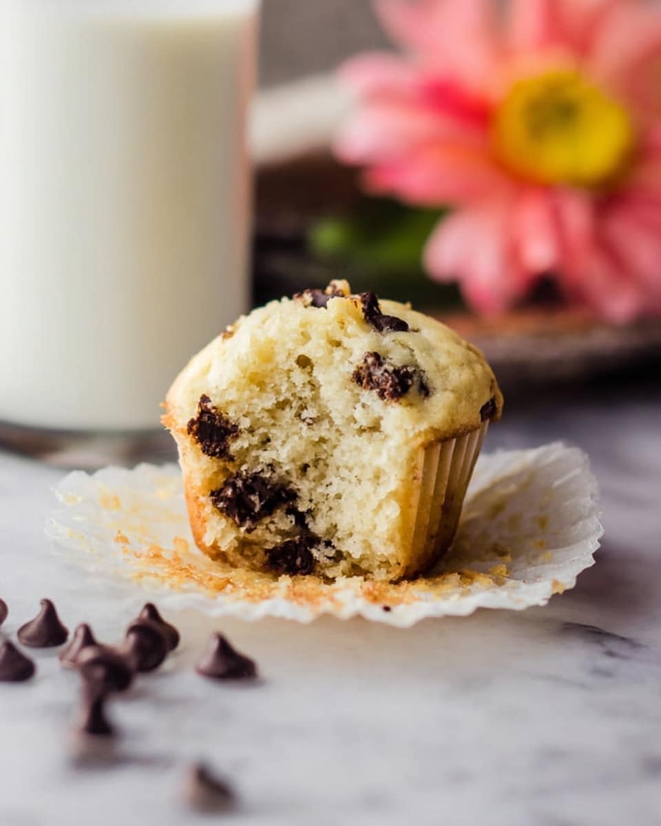 A black basket lined with a white cloth with thin black stripes is filled with many small muffins, each light golden in color with visible chocolate chips spread throughout the tops and sides. One muffin lies outside the basket on a white marbled surface sprinkled with a few chocolate chips. Around the basket, there is a wooden cutting board partly visible under it, a glass filled with milk, a small wooden bowl of chocolate chips, and two pink flowers placed on the marble surface, adding a touch of softness and color to the scene. photo taken with an iphone --ar 4:5 --v 7
