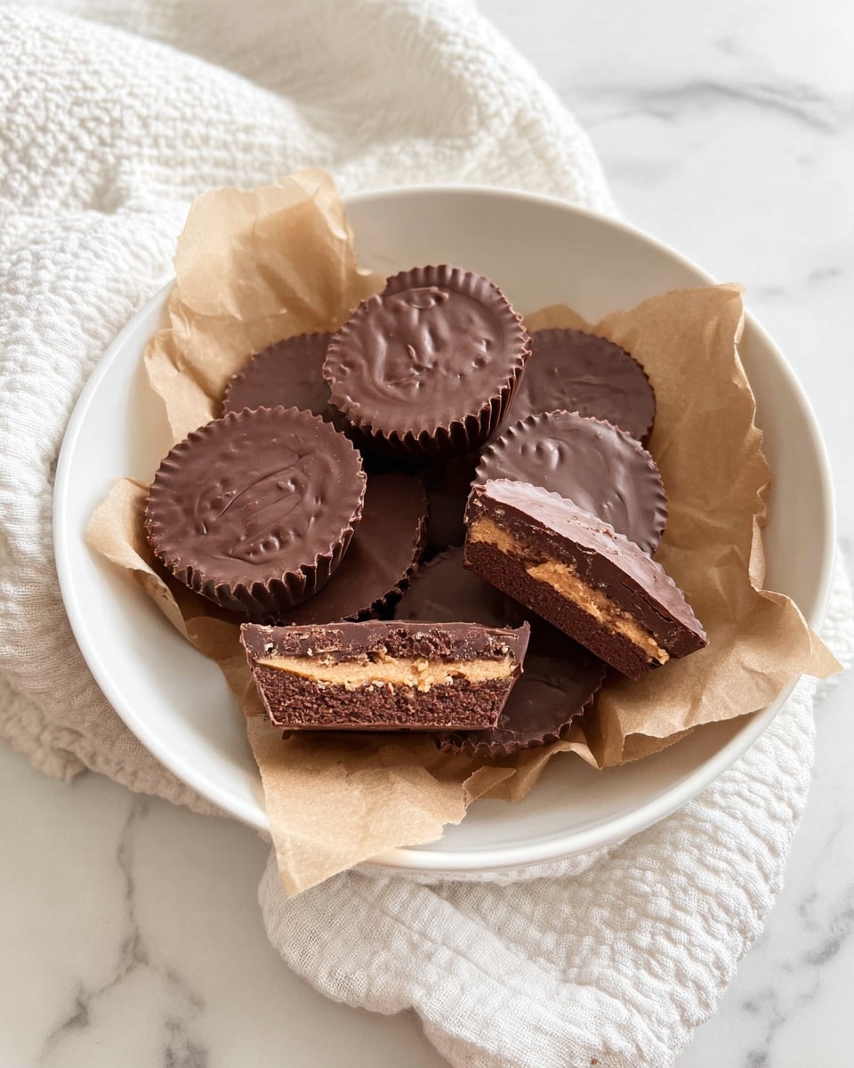 A white bowl filled with seven round chocolate peanut butter cups resting on a piece of crinkled parchment paper; five cups show their smooth, bumpy chocolate tops with a small swirl in the middle, while two are cut in half revealing three layers inside: a dark chocolate outer layer with a slightly bumpy texture, a creamy peanut butter layer in the center, and a thin chocolate layer between the peanut butter and the outer shell. The bowl is set on a white marbled surface with a white textured cloth partially visible in the background, creating a cozy and clean setting. photo taken with an iphone --ar 4:5 --v 7