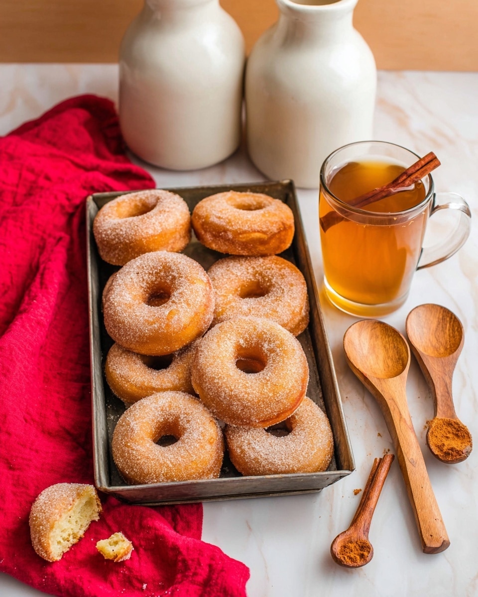 A rectangular metal tray holds eight golden-brown donuts covered lightly with sugar, six of the donuts are arranged upright in two rows, and two are lying flat in front with three small round donut holes beside them. To the left, a bright red cloth adds color, and a single bitten donut rests on it near two cinnamon sticks. On the right side of the tray, there is a group of wooden spoons. Behind the tray, two tall white ceramic jars sit next to a clear glass mug filled with light brown tea with a cinnamon stick inside. Everything is placed on a white marbled surface. Photo taken with an iphone --ar 4:5 --v 7