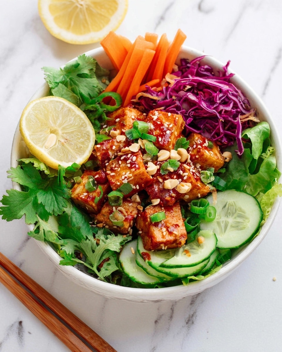 A white bowl filled with a colorful salad showing different layers and textures: at the base are bright green lettuce leaves, sliced cucumbers and shredded orange carrots on the right, with some purple cabbage on the left. In the center are medium-sized cubes of golden-brown tofu coated with spices, topped with chopped green herbs and sprinkled with peanuts. Around the tofu are lime wedges and fresh green coriander. A woman's hand holding dark wooden chopsticks is picking up a piece of tofu. The bowl sits on a white marbled surface with some scattered peanuts and green coriander nearby. photo taken with an iphone --ar 4:5 --v 7
