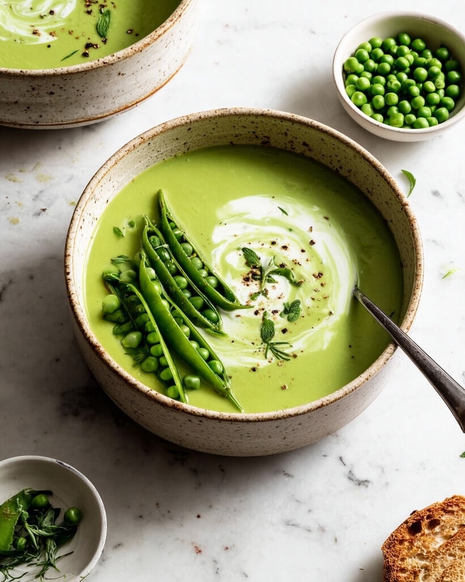 A bowl filled with smooth, creamy green pea soup topped with a swirl of white cream spread thinly across the surface, creating a soft contrast. On one side of the bowl, there is a neat pile of bright green whole peas, while in the center, three pea pods are arranged with fresh green peas inside. Small green herb pieces are scattered lightly around, with a sprinkle of black pepper adding specks of dark color. A woman's hand holding a spoon rests on the right edge of the bowl, ready to scoop. The bowl is white and sits on a white marbled surface with some crumbs and pieces of torn bread nearby. Another bowl with similar green pea soup and a small white bowl filled with peas are partially visible in the background. Photo taken with an iphone --ar 4:5 --v 7