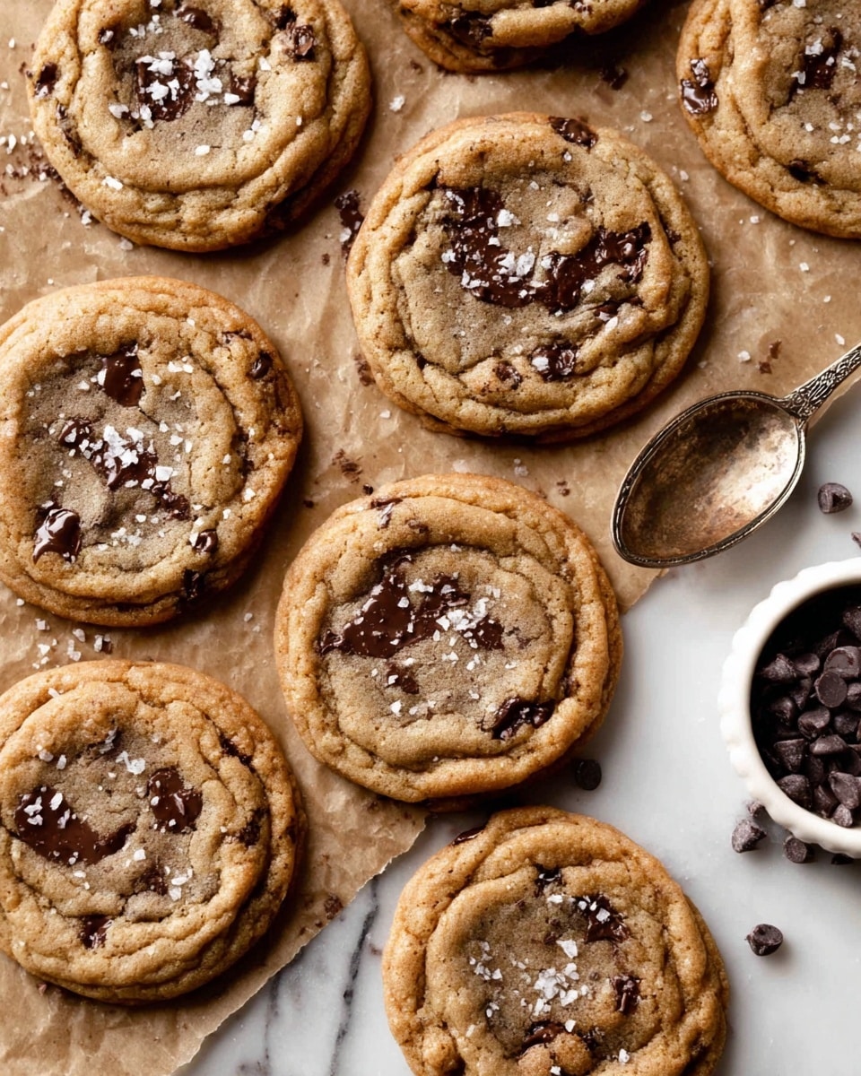 The image shows eight round chocolate chip cookies with a light golden-brown color and slightly cracked texture on top, scattered on brown parchment paper on a white marbled surface. Each cookie has visible dark chocolate chips embedded within, with some melted and swirled into the dough. A few flakes of sea salt are sprinkled on the cookies, adding a touch of white contrast. There is an ornate silver spoon resting on the top right near one cookie. Part of a white bowl filled with small chocolate chips is visible at the right edge. The cookies have a soft, chewy look with slightly crispy edges. photo taken with an iphone --ar 4:5 --v 7