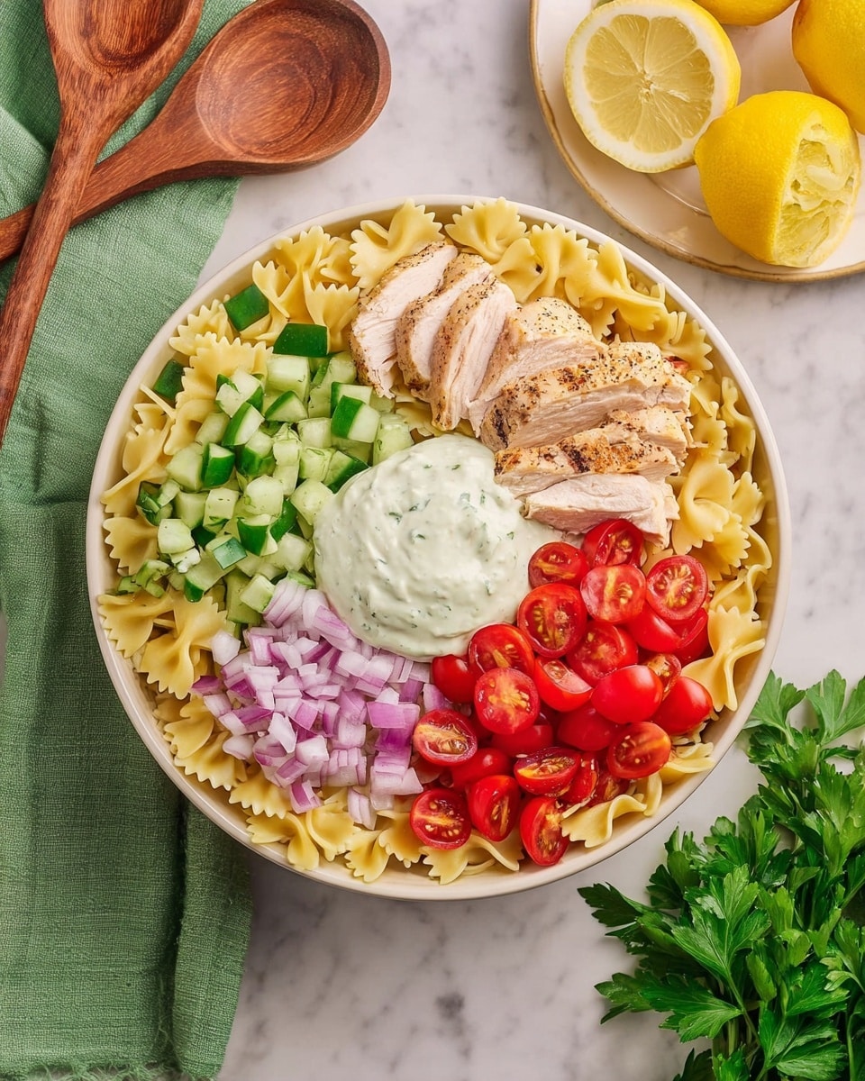 A large white bowl filled with a colorful bow tie pasta salad, showing three layers: a base layer of creamy yellow pasta, middle layer of bright red cherry tomato halves and green celery pieces, and a top layer of light pink slices of chicken mixed with fresh green parsley leaves; two smooth wooden salad servers rest on the side of the bowl, and in the background there is a smaller white bowl with the same salad and a gold fork inside it; the scene is set on a white marbled surface with a light green cloth on the left and a white plate with two halves of a lemon on the lower right; photo taken with an iphone --ar 4:5 --v 7