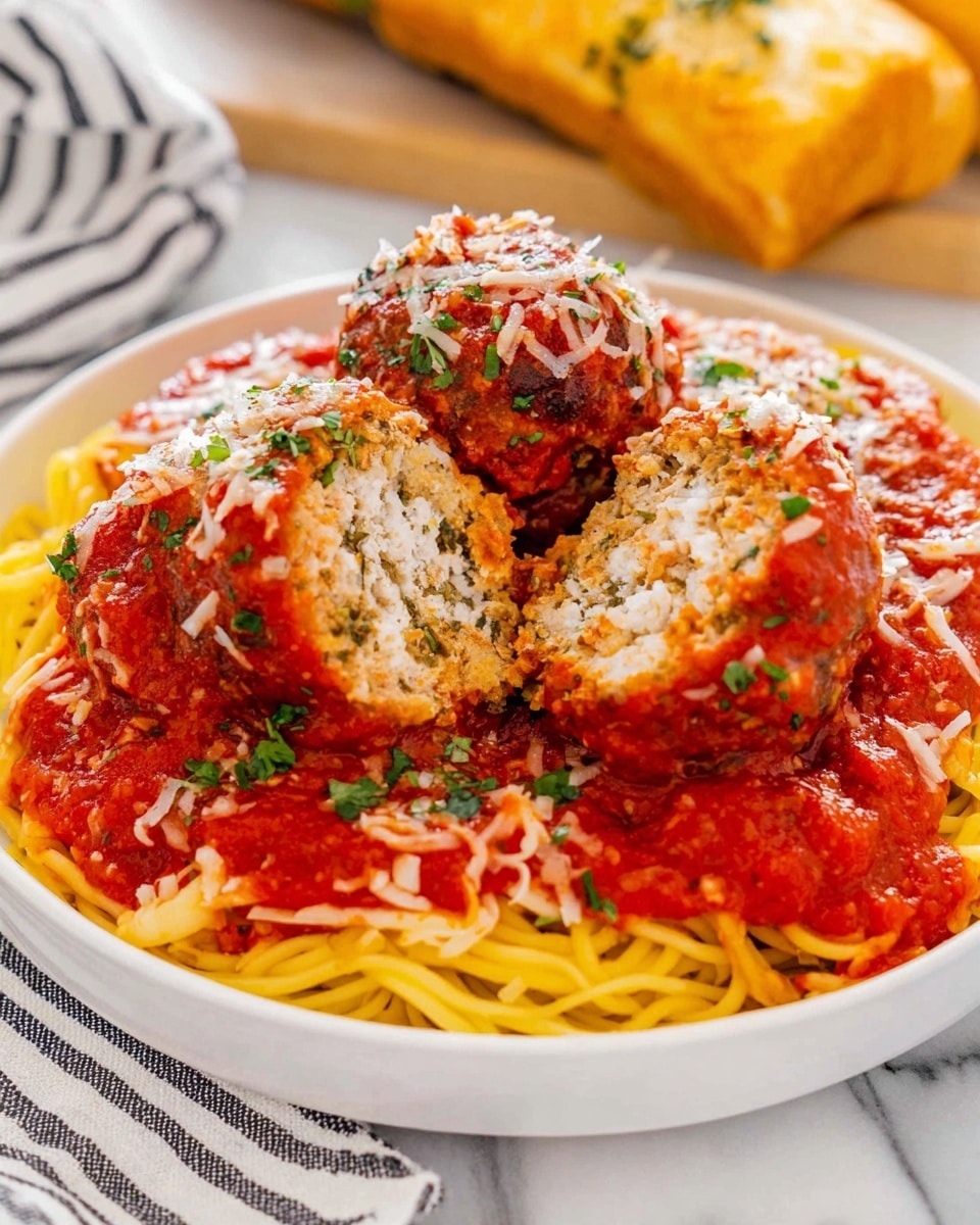 The image shows a white plate with a bed of yellow spaghetti at the bottom, topped with three large meatballs covered in bright red tomato sauce. The meatballs are textured with a white inside showing herbs and spices, with one meatball cut in half to reveal the inside. The tomato sauce has a chunky texture with some green herbs scattered on top, along with shredded white cheese. In the background, there is a piece of golden-brown garlic bread. The plate is set on a white marbled surface with part of a striped cloth showing in the foreground. photo taken with an iphone --ar 4:5 --v 7