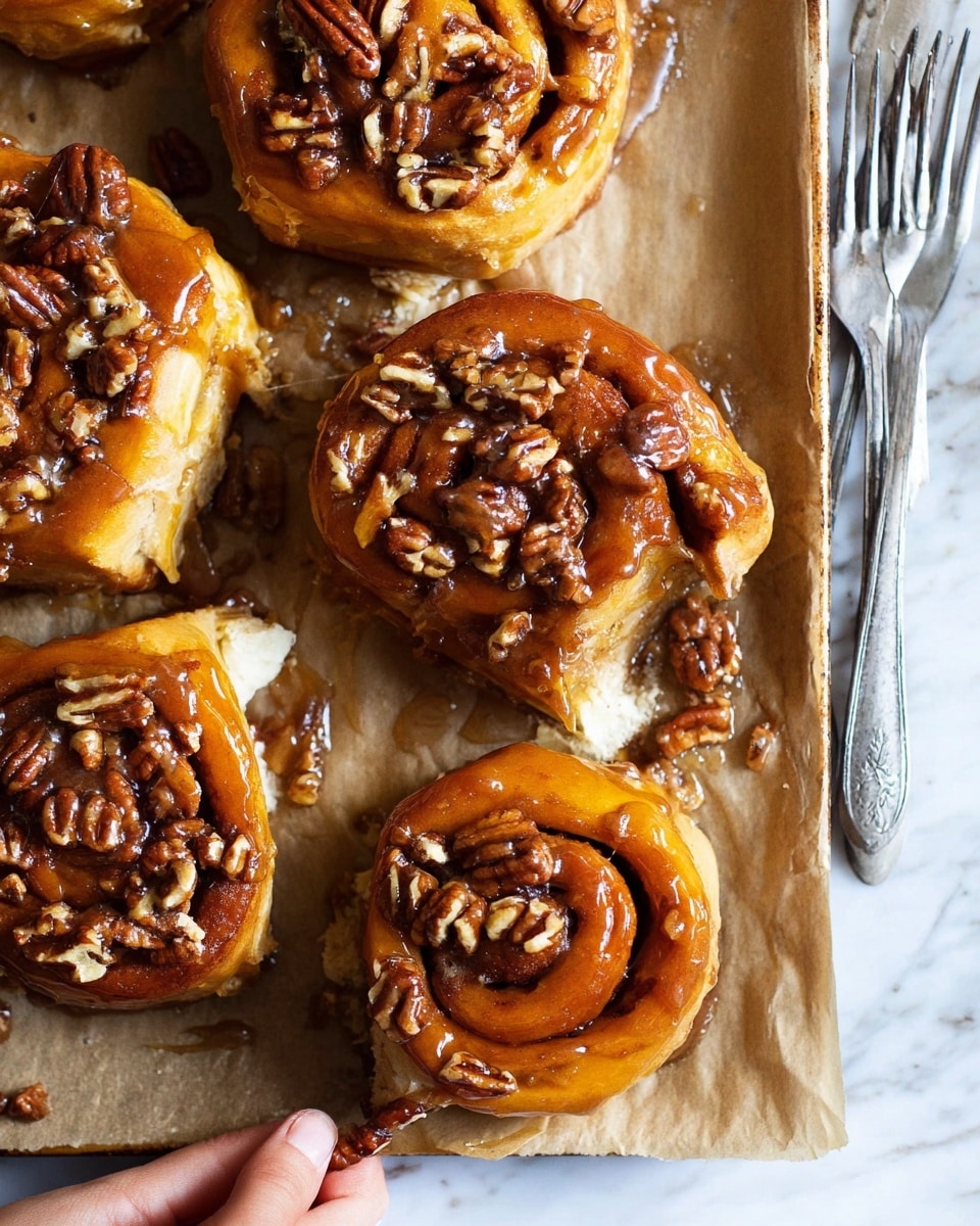 The image shows a close-up of sticky pecan rolls on a baking tray lined with light brown parchment paper, placed on a white marbled surface. Each roll is thick with a soft, golden brown dough spiraled in 2 to 3 visible layers, coated with a shiny, rich caramel glaze that drips over the sides and glistens under the light. The top of each roll is covered with whole and chopped pecans, adding a rough texture contrasted with the smooth glaze. In the corner, two silver forks rest slightly over the parchment paper, and a woman's hand reaches towards the rolls, suggesting they are freshly baked and ready to eat. photo taken with an iphone --ar 4:5 --v 7