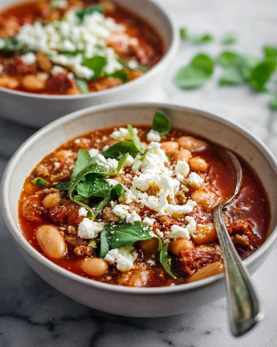 A white bowl filled with a thick, red tomato stew containing large white beans and chunks of meat. On top, there is a layer of crumbled white cheese sprinkled with black pepper, along with fresh green leaves spread around the edges. A detailed silver spoon rests inside the bowl, and the bowl itself is placed on a white marbled surface. Part of a second bowl with the same stew is seen at the top edge. photo taken with an iphone --ar 4:5 --v 7