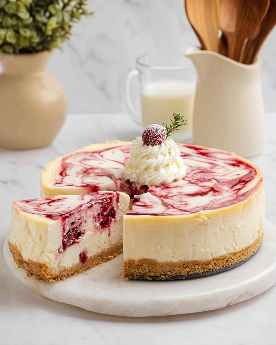 A round cheesecake with three visual layers is shown on a white marbled surface. The bottom layer is a golden-brown crumbly crust. The middle layer is a smooth pale cream cheese filling, and the top layer is a white cream with red swirls of berry sauce mixed through. A dollop of whipped cream with a single sugared cranberry and a small green sprig decorates the center. The cheesecake has one slice already removed, revealing the inside. In the background, there is a white ceramic jug holding wooden spoons, a clear glass cup filled with milk, and a beige vase with a green plant. Photo taken with an iphone --ar 4:5 --v 7