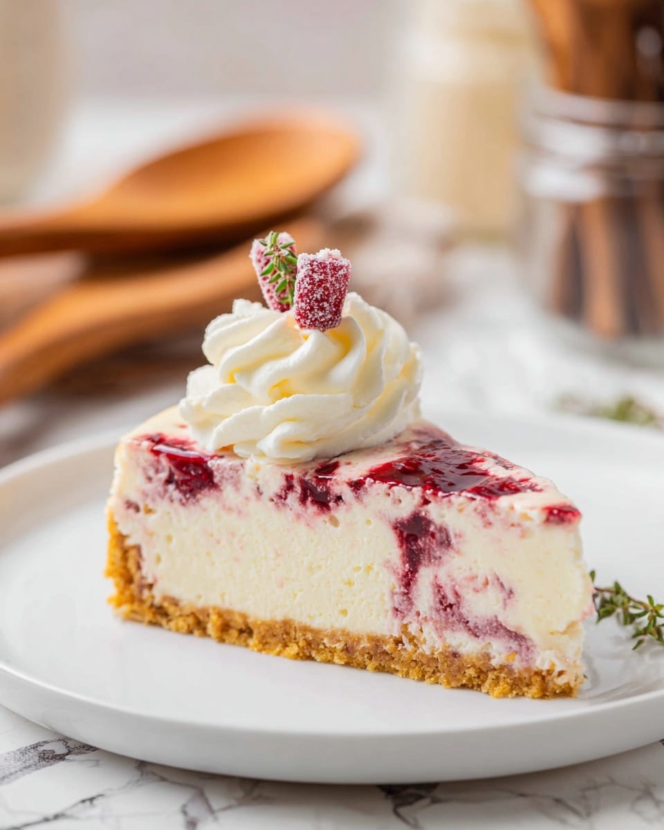 A single slice of cheesecake is placed on a white plate with a crumbly, golden-brown crust at the bottom, a thick creamy white layer in the middle, and a marbled top layer with swirls of red berry sauce. On top of the slice is a generous swirl of white whipped cream, decorated with a small piece of sugared red berry and a small sprig of green herb. The background is blurred but shows wooden spoons and a glass jar, all placed on a white marbled surface. photo taken with an iphone --ar 4:5 --v 7