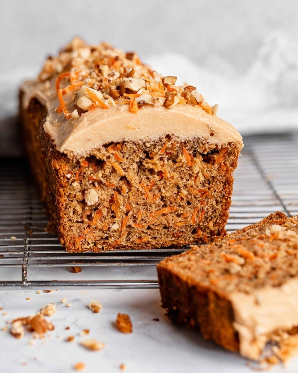A moist carrot cake loaf sits on a cooling rack over a white marbled surface, with a close-up showing one thick slice cut and laid in front. The loaf has two visible layers: the bottom layer is dense and textured with shredded carrots and pieces of nuts inside, showing a rich brown color; the top layer is a creamy light tan frosting, slightly rough in texture with small bits of shredded carrot and crushed nuts sprinkled on top for garnish. Crumbs are scattered around the cutting area, giving a fresh and homemade feel. Photo taken with an iphone --ar 4:5 --v 7