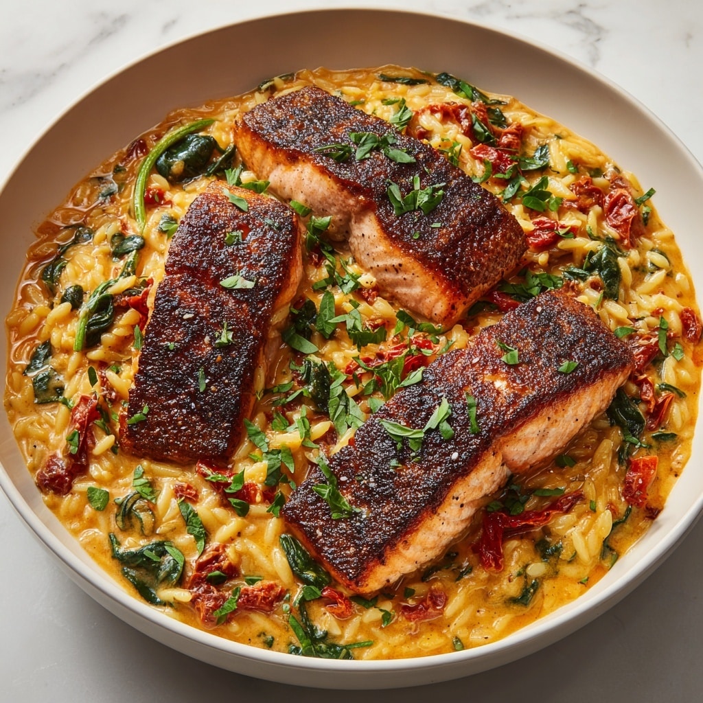 The dish shows three pieces of dark brown, crispy salmon fillets placed on top of a creamy orange rice and orzo mix. The rice layer is thick, showing small pieces of tomatoes, wilted green spinach leaves, and bits of sun-dried tomatoes mixed throughout. The salmon is sprinkled with fresh chopped green herbs, adding contrast to the darker crispy texture. The whole dish is served in a white pan set on a white marbled surface, creating a clean and warm presentation. photo taken with an iphone --ar 4:5 --v 7
