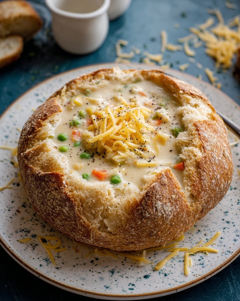 A crusty round loaf of bread hollowed out and filled with creamy white soup that has small chunks of green peas, orange carrots, and potato pieces. The soup is thick and sprinkled with grated yellow cheese and a little black pepper on top. A silver spoon is dipped into the soup, resting inside the bread bowl. The bread bowl sits on a white plate with a brown speckled edge, placed on a dark round tray. Around the plate, there are some scattered pieces of grated cheese and a sliced part of the bread loaf nearby. Two small white bowls with salt and pepper are also visible on the white marbled surface photo taken with an iphone --ar 4:5 --v 7