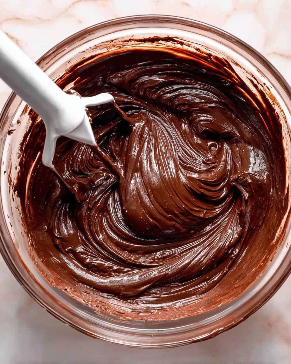 The image shows a dark chocolate cake in a black pan, topped with thick, smooth, glossy chocolate frosting spread in large sweeping swirls. The frosting layers create soft peaks and curves, giving the surface a rich, creamy texture. A silver spoon rests on the frosting, with its handle extending out of the pan, suggesting the frosting is being spread or smoothed. The dark brown color of the cake contrasts with the lighter shiny brown of the chocolate frosting, set against a white marbled texture background. photo taken with an iphone --ar 4:5 --v 7
