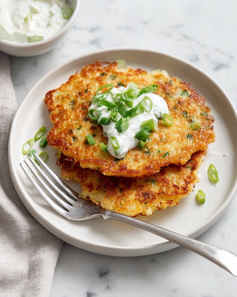 A tall stack of five golden-brown, crispy fritters with visible green herbs mixed inside each layer, showing a crunchy texture with slightly uneven edges. On top of the stack is a dollop of white sour cream sauce garnished with small chopped green onions. The stack sits on a clean white plate placed on top of another white plate, with a soft gray cloth nearby. The background features a white marbled surface and a blurred white tiled wall behind. photo taken with an iphone --ar 4:5 --v 7