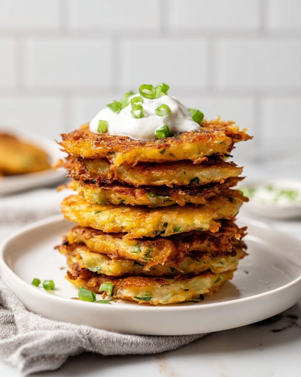 Two golden-brown crispy potato pancakes are stacked on a white plate with a metal fork resting beside them. The pancakes have a textured, slightly uneven surface with hints of green herbs visible throughout. On top of the upper pancake is a dollop of white sour cream mixed with finely chopped green onions, garnished with extra green onion slices. The plate is placed on a white marbled surface, with a white bowl in the background holding more sour cream, and a light gray cloth partially visible next to the plate. Photo taken with an iphone --ar 4:5 --v 7