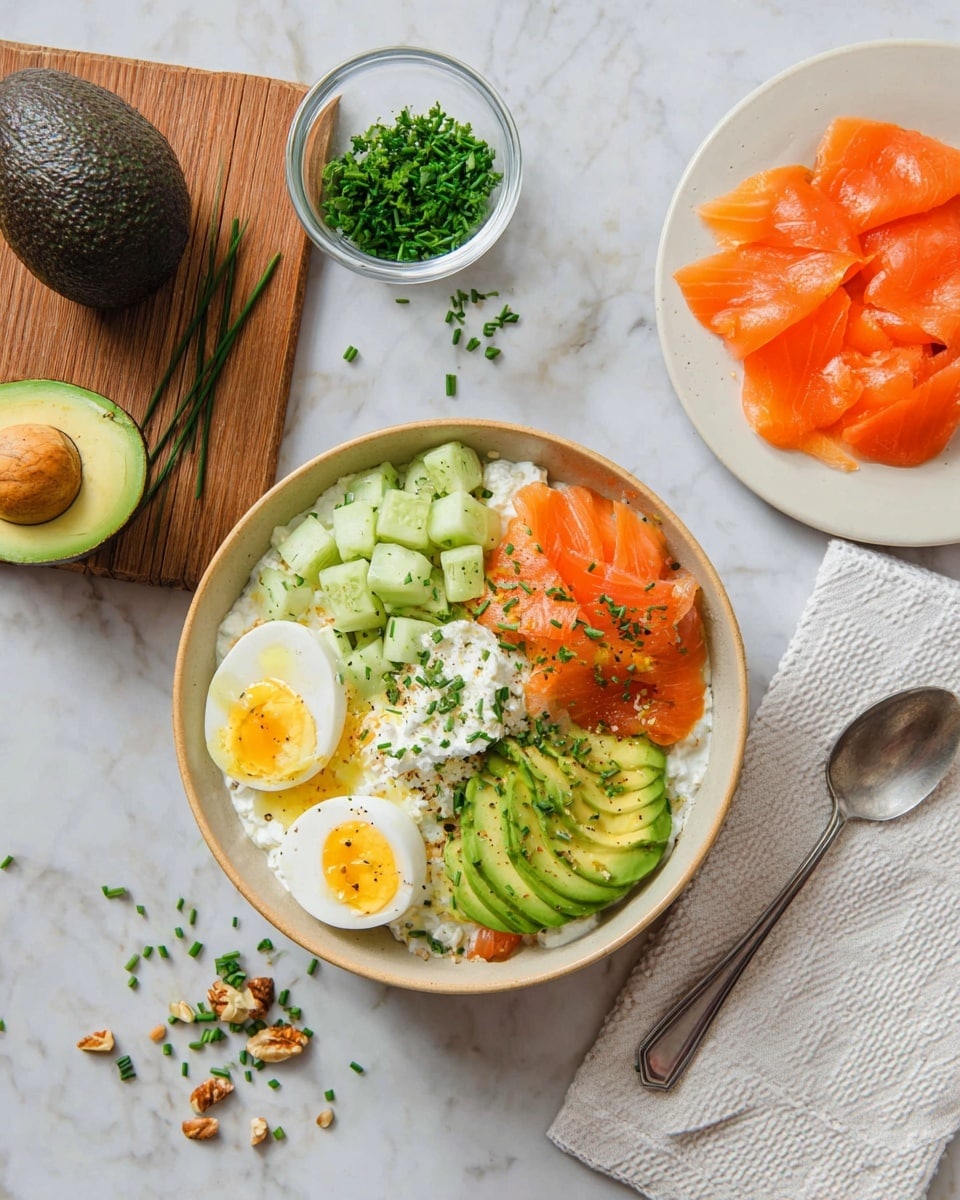 A white plate with a base layer of white cottage cheese, topped with four different sections: diced pale green cucumber with dark green skin, bright orange smoked salmon slices, two halves of a boiled egg with a bright yellow yolk and white edge, and green avocado slices with darker green skin. The dish is sprinkled with chopped green chives and small pieces of crushed nuts, adding texture and contrast. There is a drizzle of light yellow olive oil and a light dusting of black pepper over the top. The plate is on a white marbled surface. Photo taken with an iphone --ar 4:5 --v 7