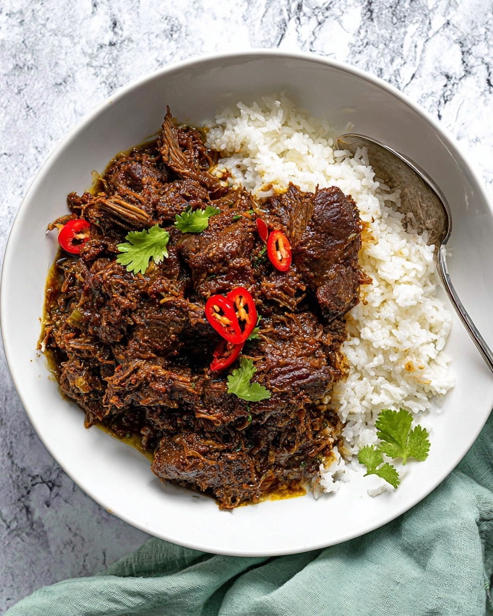 A white bowl contains two main layers: on the bottom, there is a layer of white rice with soft, individual grains visible, and on top, a thick layer of dark brown stewed beef with a rich, textured surface, showing shredded and chunked pieces. The beef is garnished with small slices of bright red chili and a few green cilantro leaves, adding color contrast. A silver spoon rests partially inside the bowl on the right side. The bowl sits on a surface with a white marbled texture, and a light green cloth is slightly draped near the bowl. photo taken with an iphone --ar 4:5 --v 7